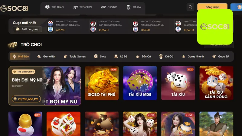 Kho game hấp dẫn thu hút người chơi của SOC88